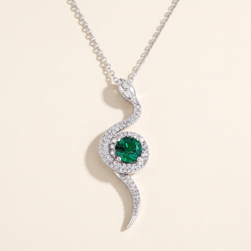 Isis Moissanite Coiled Snake Pendant in White Gold