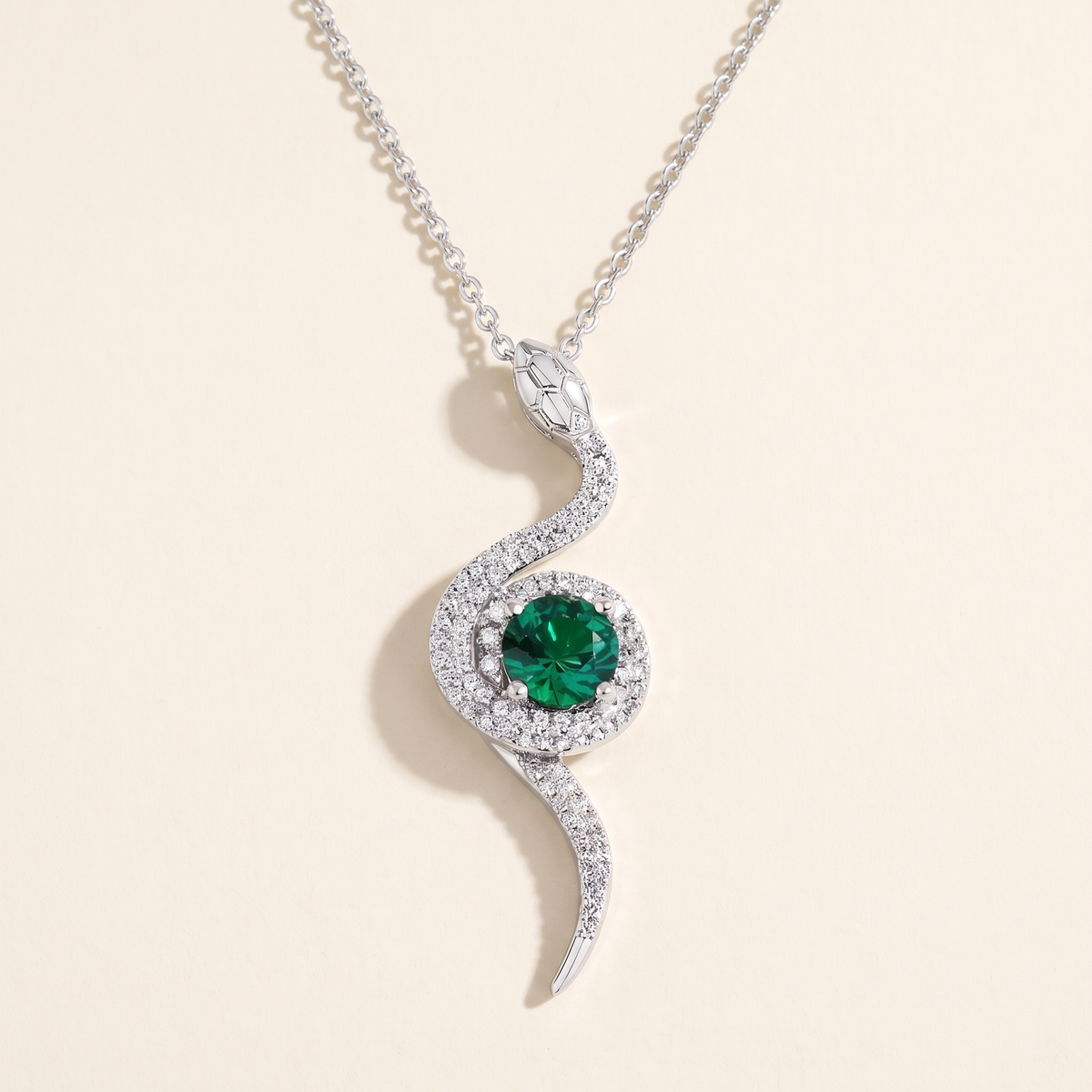 Isis Moissanite Coiled Snake Pendant in White Gold