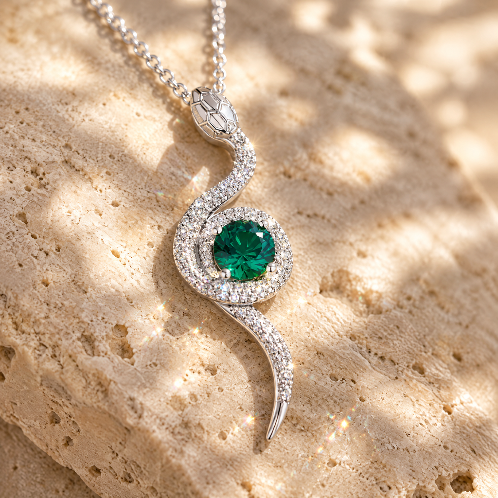 Isis Moissanite Coiled Snake Pendant, close-up detail