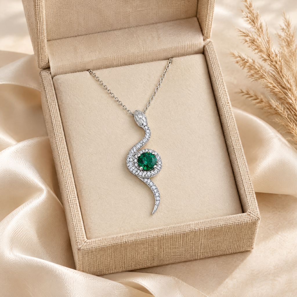 Isis Moissanite Coiled Snake Pendant, presented in a box