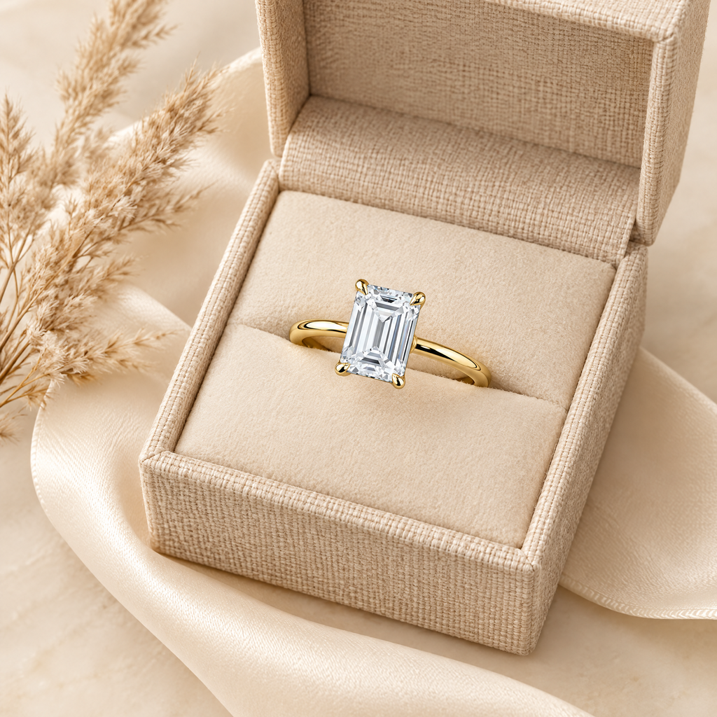 Joséphine Emerald-Cut Moissanite Engagement Ring, presented in a box