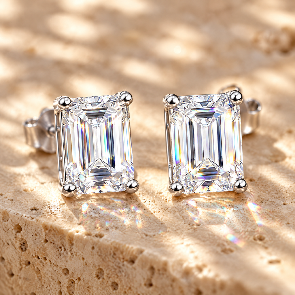 Joséphine Emerald-Cut Moissanite Studs, close-up detail