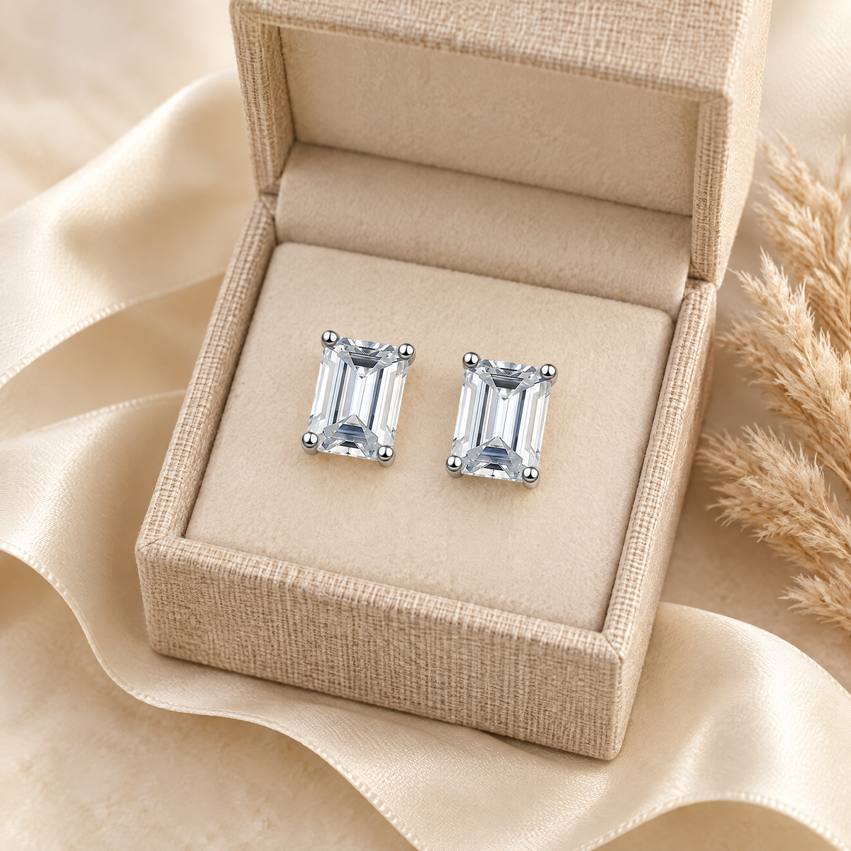 Joséphine Emerald-Cut Moissanite Studs, presented in a box