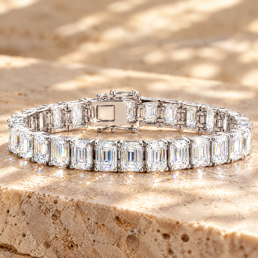 Joséphine Emerald-Cut Moissanite Tennis Bracelet, close-up detail