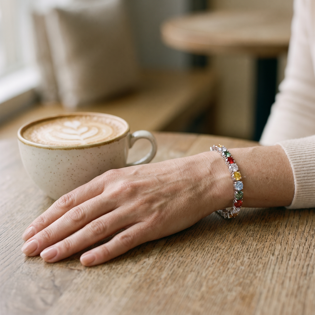 Kaléidoscope Rainbow Moissanite Tennis Bracelet, worn by a woman