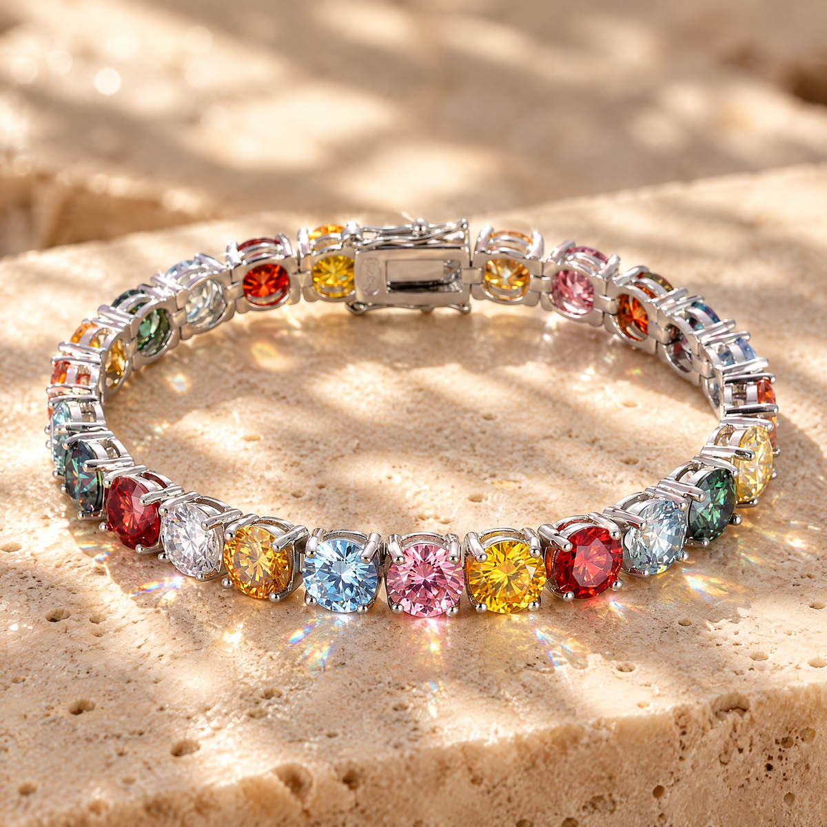 Kaléidoscope Rainbow Moissanite Tennis Bracelet, close-up detail