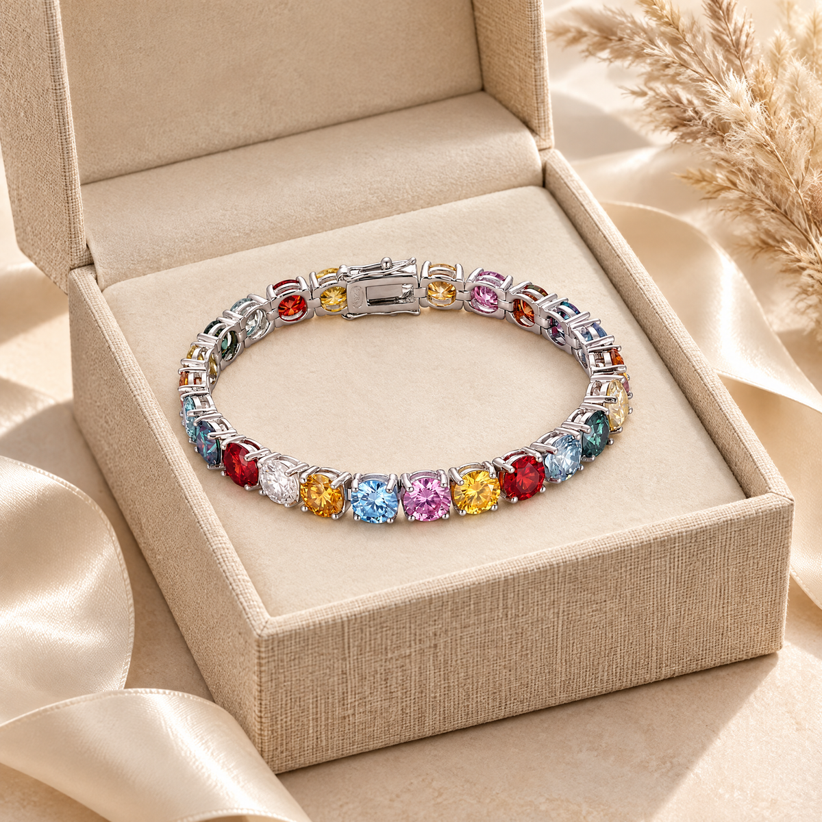 Kaléidoscope Rainbow Moissanite Tennis Bracelet, presented in a box