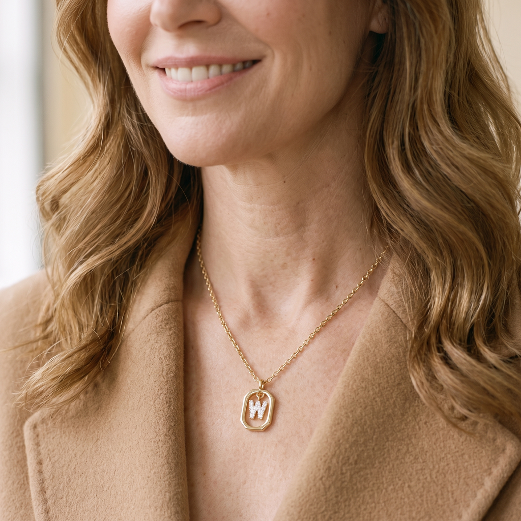 Lettre CZ Initial Necklace, worn by a woman