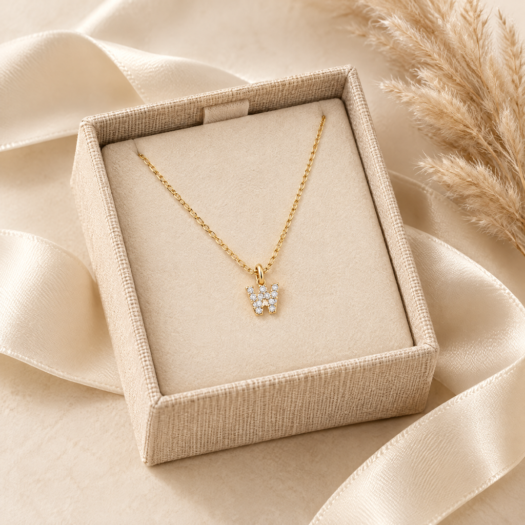 Lettre CZ Initial Necklace, presented in a box