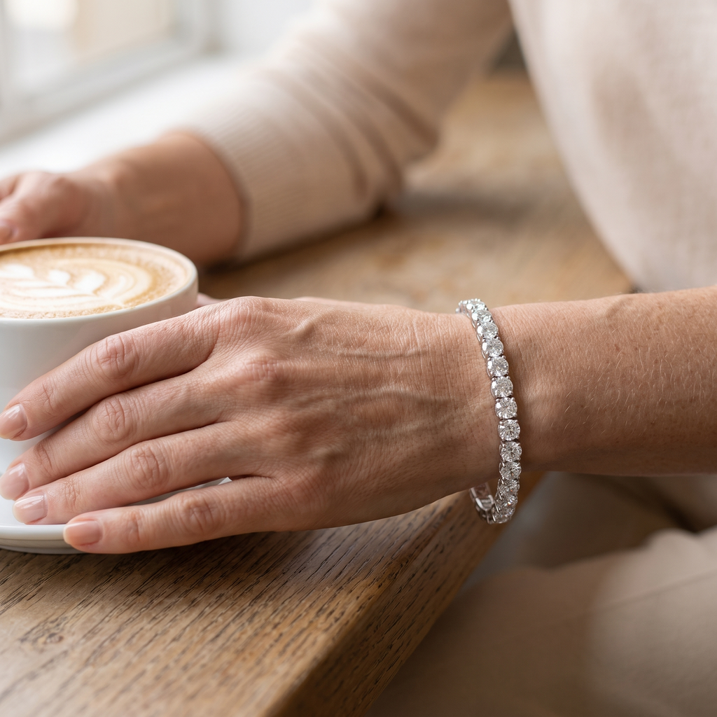 Lise Stretch Moissanite Tennis Bracelet, worn by a woman