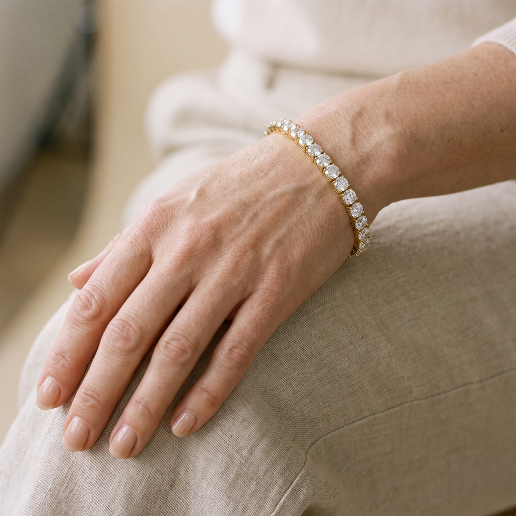 Lise Stretch Moissanite Tennis Bracelet, 14K Gold Filled, worn by a woman