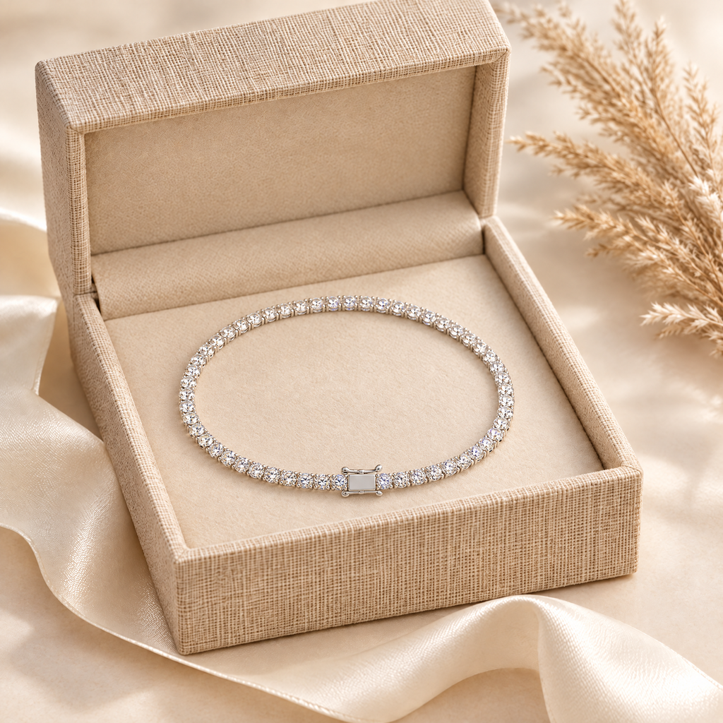 Lou Dainty Moissanite Tennis Bracelet, presented in a box