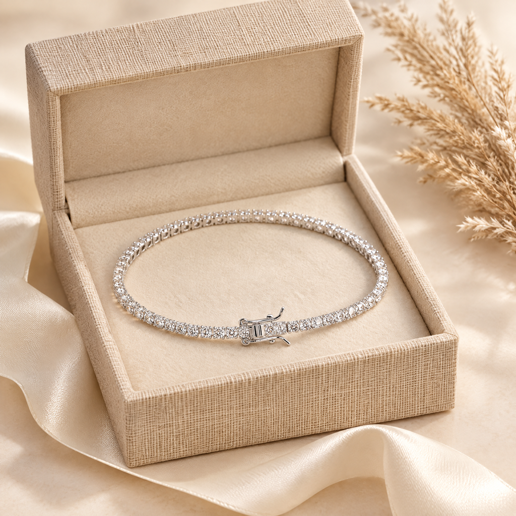 Lou Dainty Moissanite Tennis Bracelet, presented in a box