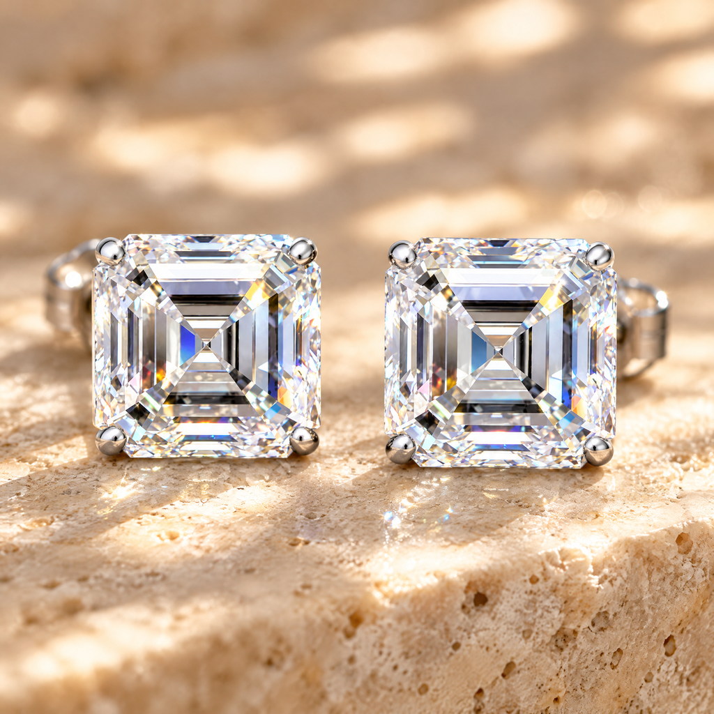 Lucienne Asscher-Cut Moissanite Studs, close-up detail