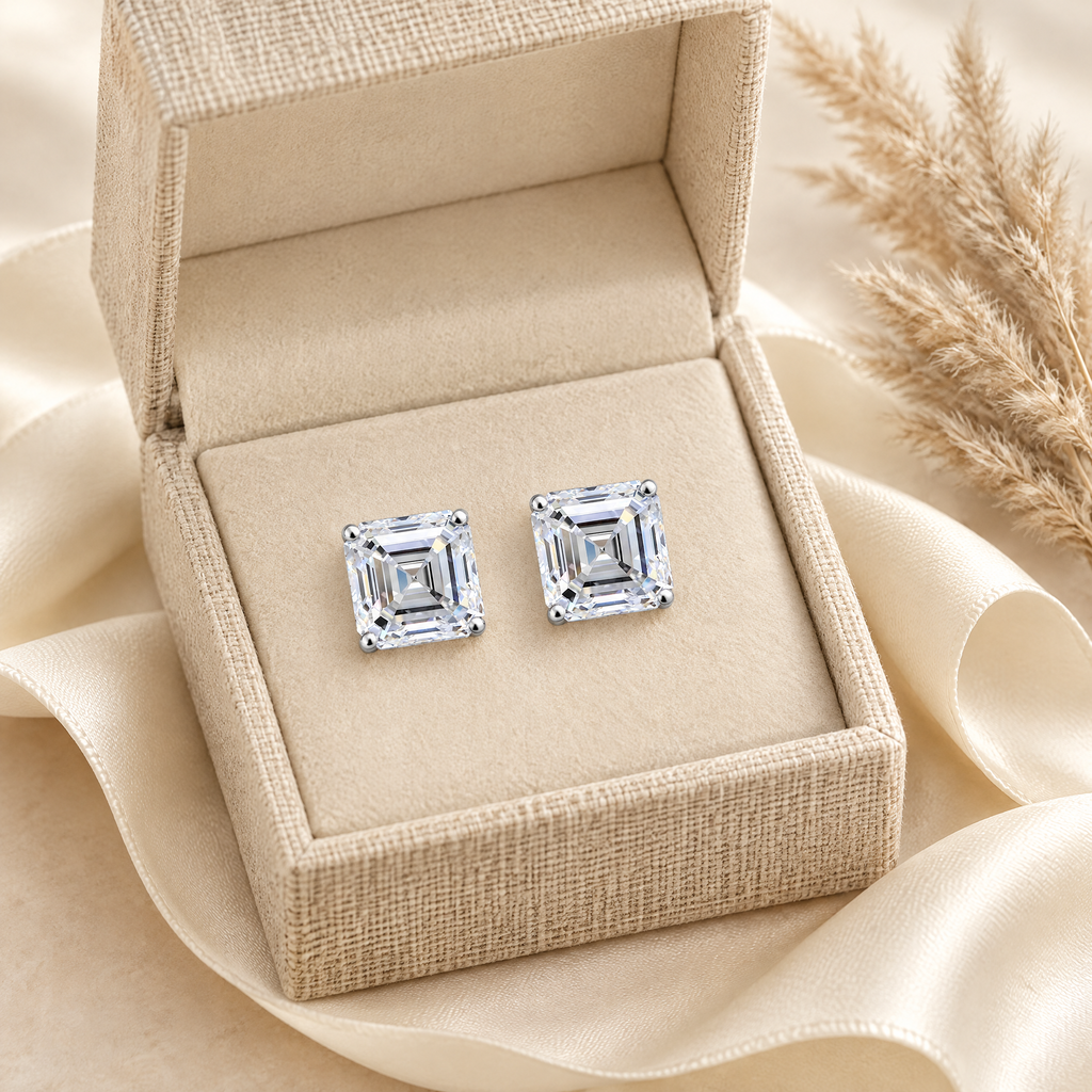 Lucienne Asscher-Cut Moissanite Studs, presented in a box