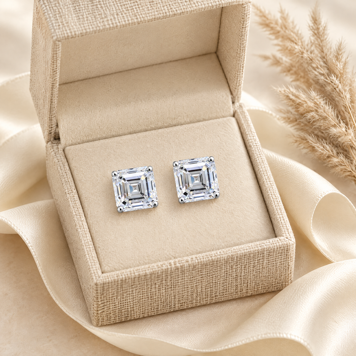 Lucienne Asscher-Cut Moissanite Studs, presented in a box