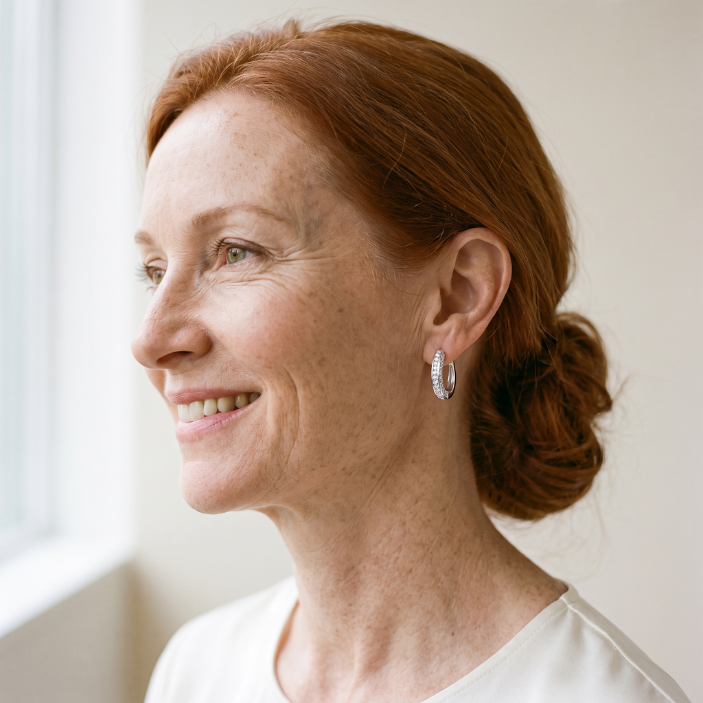 Lulu Moissanite Pavé Huggies, worn by a woman