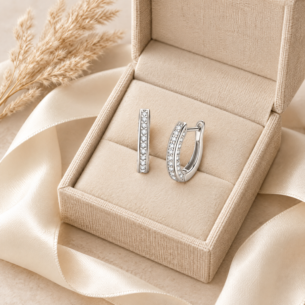 Lulu Moissanite Pavé Huggies, presented in a box