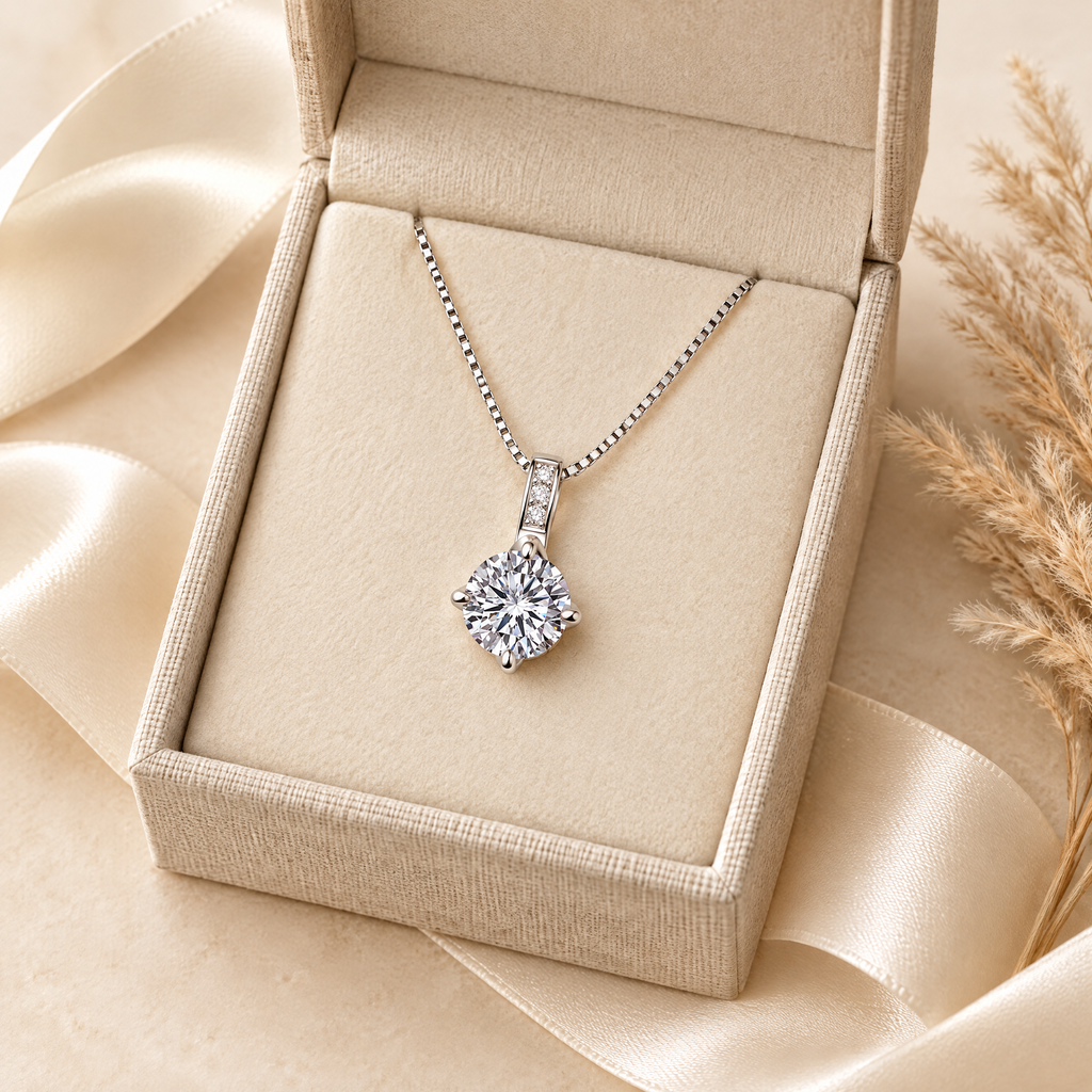 Lyra Pavé Bail Moissanite Necklace, presented in a box