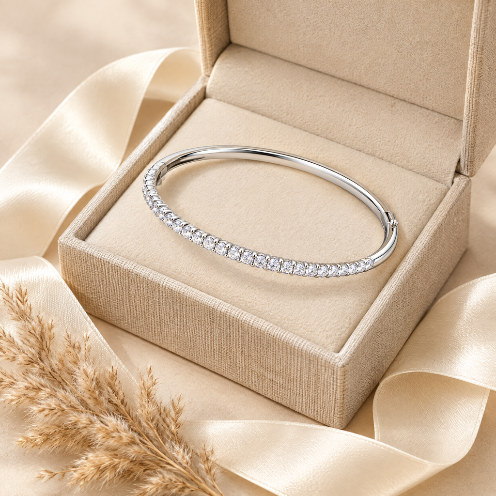Margaux Moissanite Half-Tennis Bangle, presented in a box
