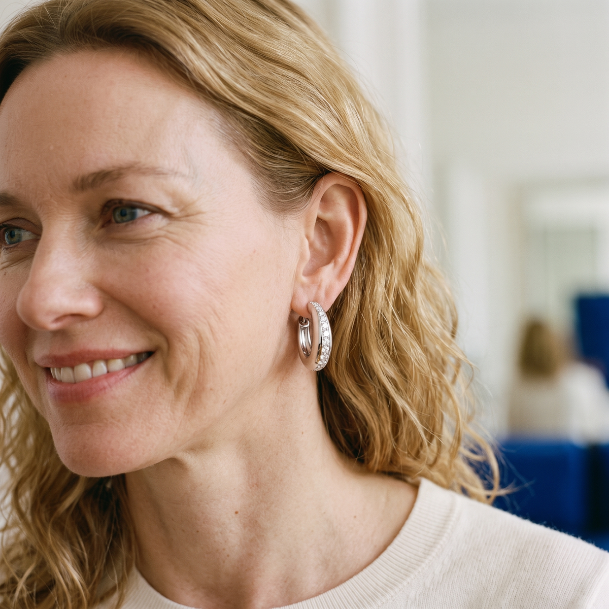 Margot Moissanite Chunky Hoops, worn by a woman