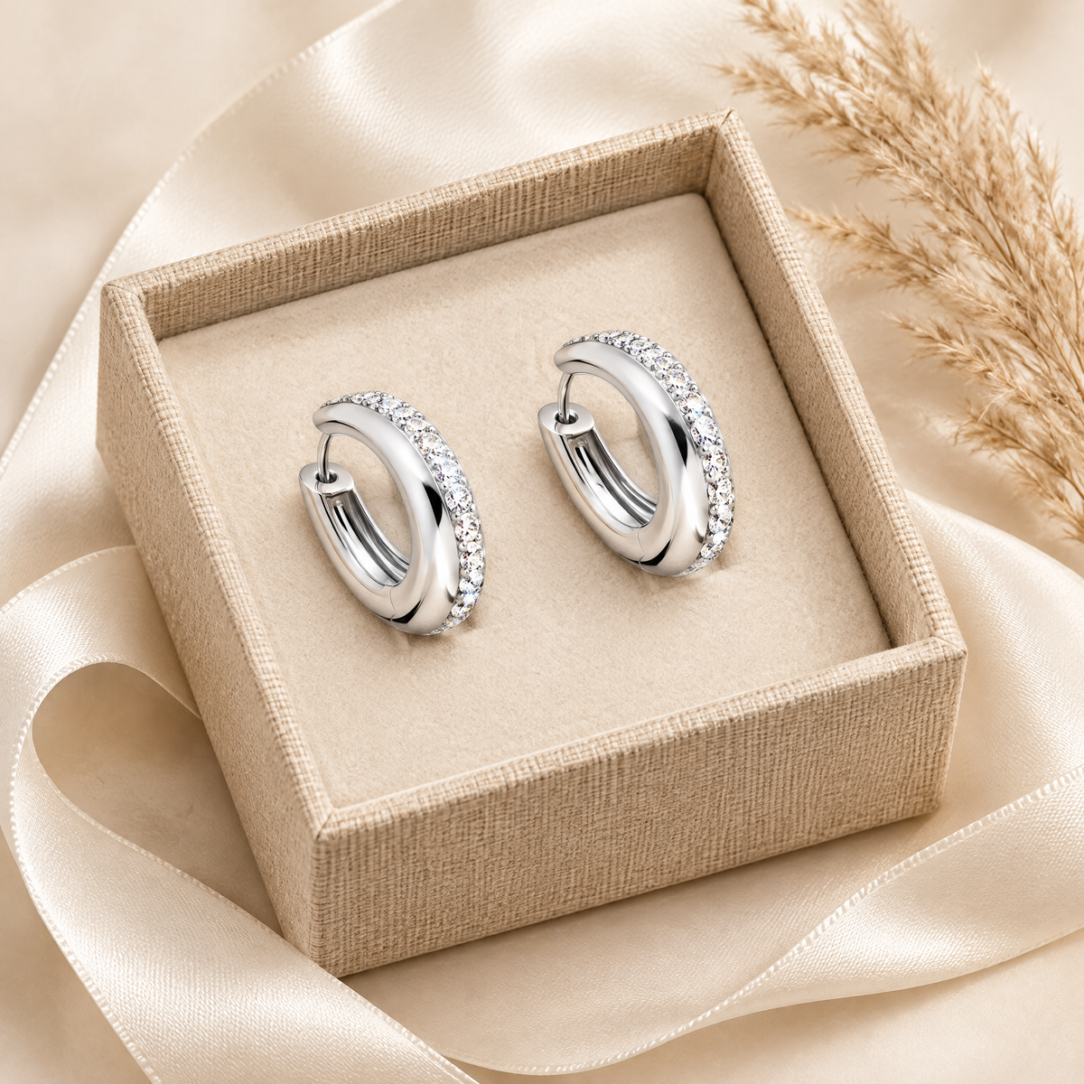 Margot Moissanite Chunky Hoops, presented in a box