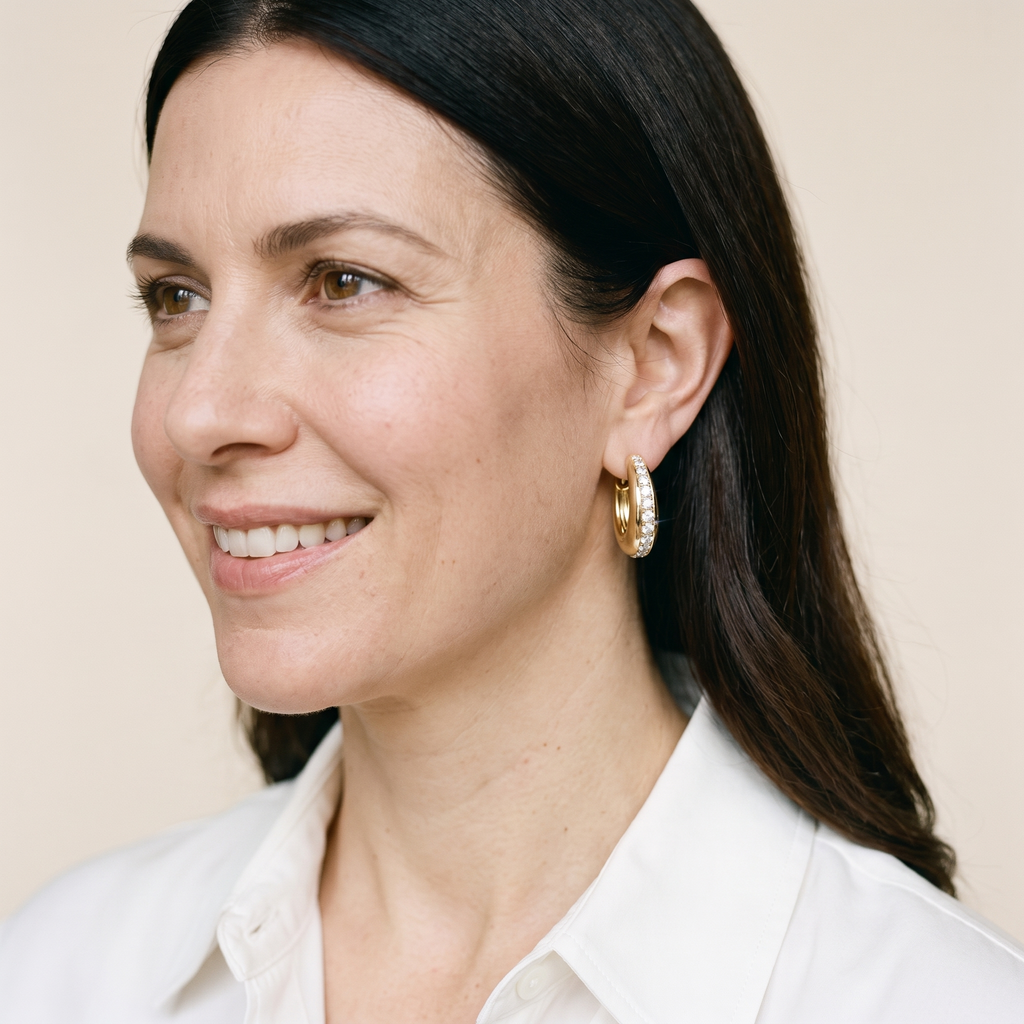 Margot Moissanite Chunky Hoops, 14K Gold Filled, worn by a woman