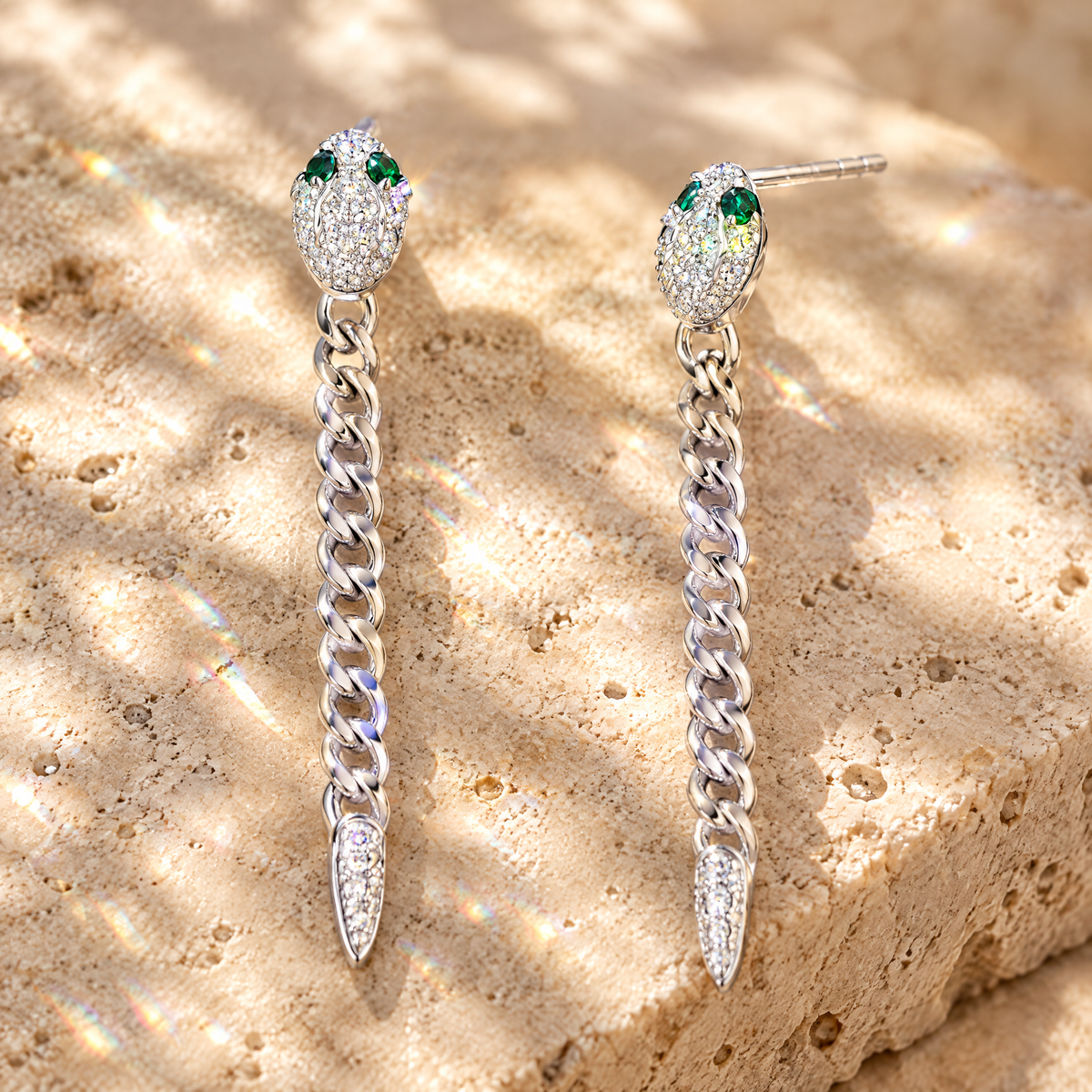 Mélusine Moissanite Snake Drop Earrings, close-up detail