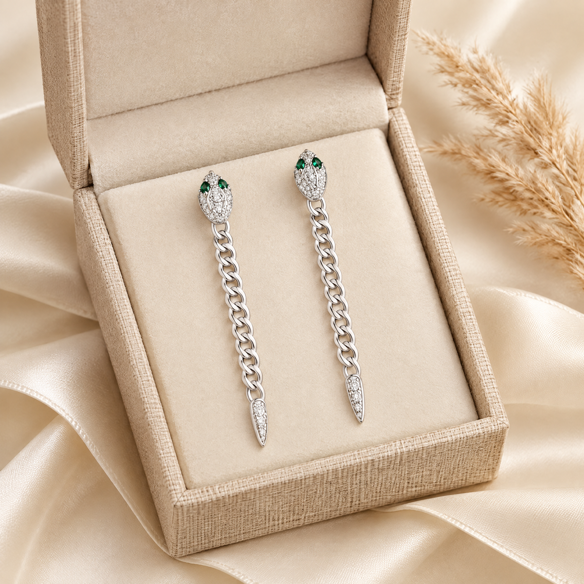 Mélusine Moissanite Snake Drop Earrings, presented in a box