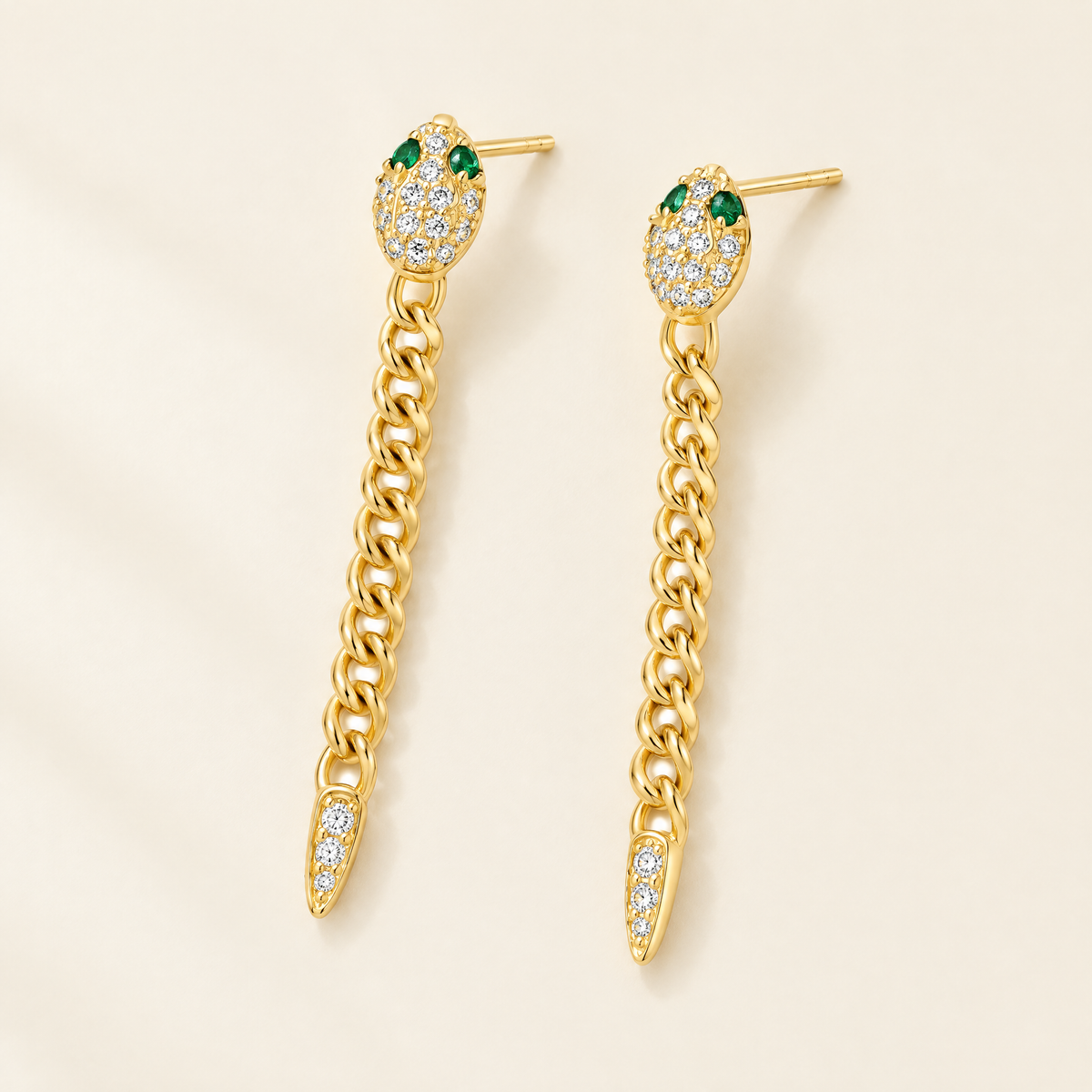 Mélusine Moissanite Snake Drop Earrings in Yellow Gold