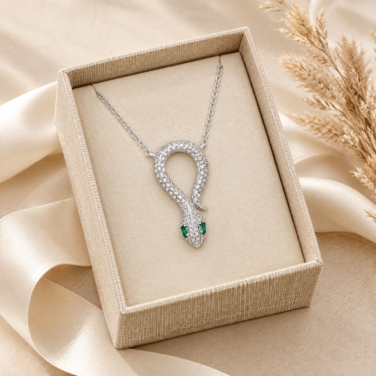 Mélusine Moissanite Snake Pendant, presented in a box