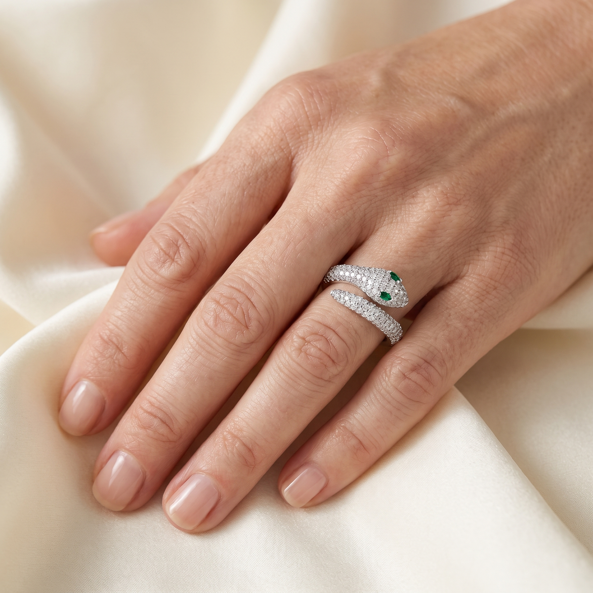 Mélusine Moissanite Snake Ring, worn by a woman