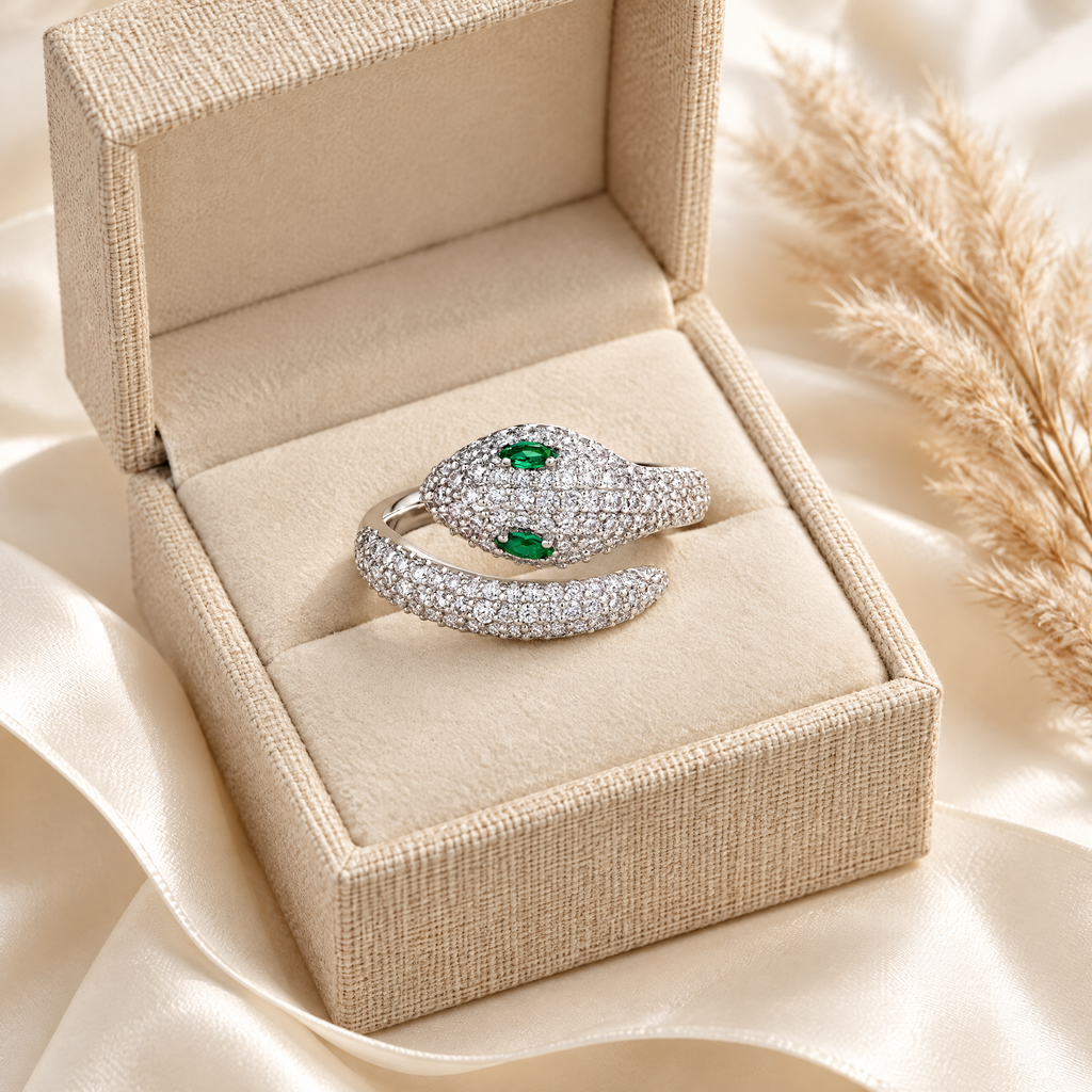 Mélusine Moissanite Snake Ring, presented in a box