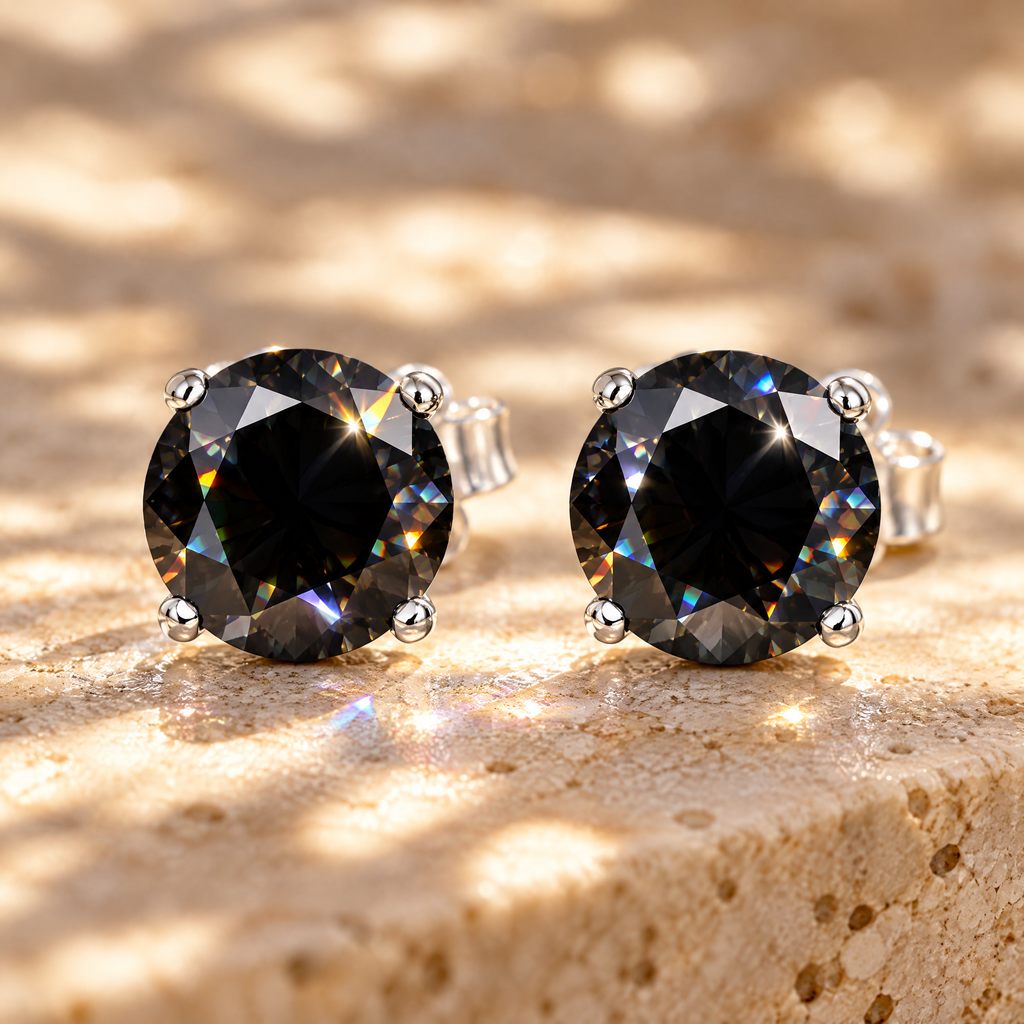 Minuit Black Moissanite Solitaire Studs, close-up detail