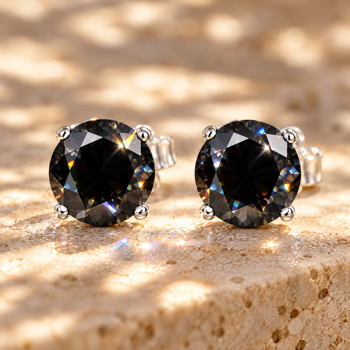 Minuit Black Moissanite Solitaire Studs, close-up detail