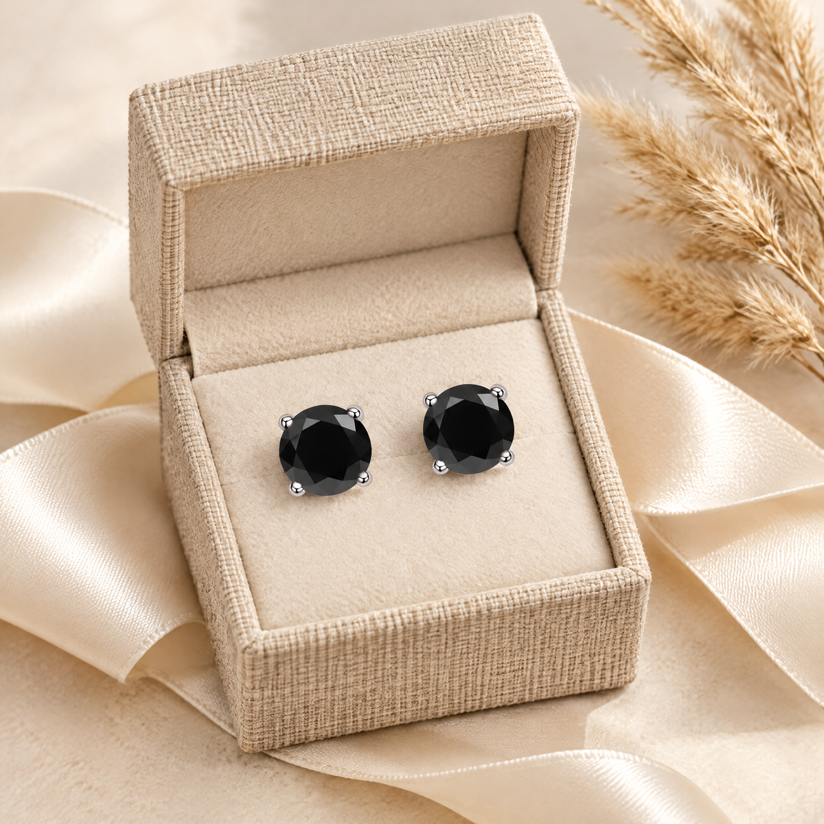Minuit Black Moissanite Solitaire Studs, presented in a box
