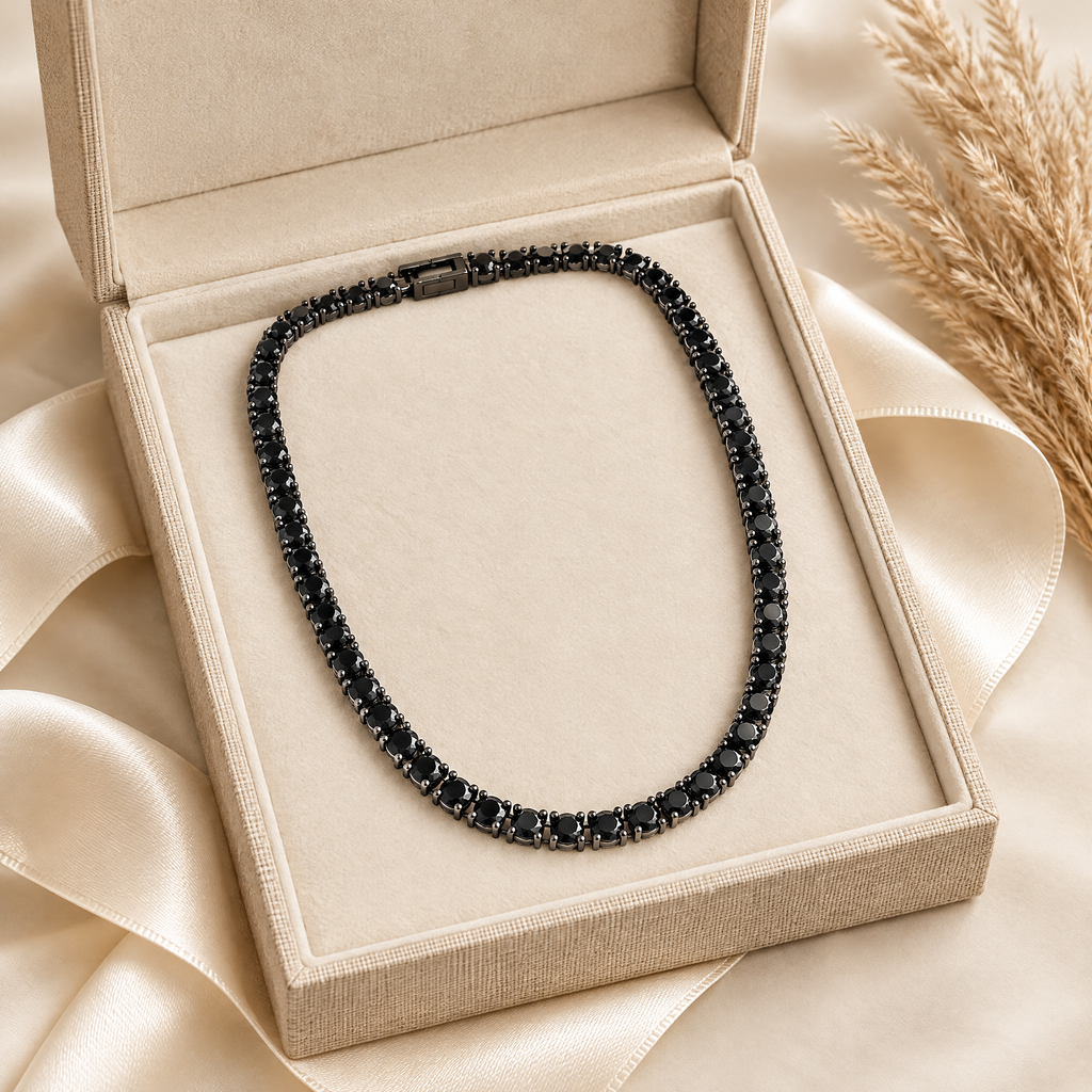 Minuit Black Moissanite Tennis Necklace, presented in a box