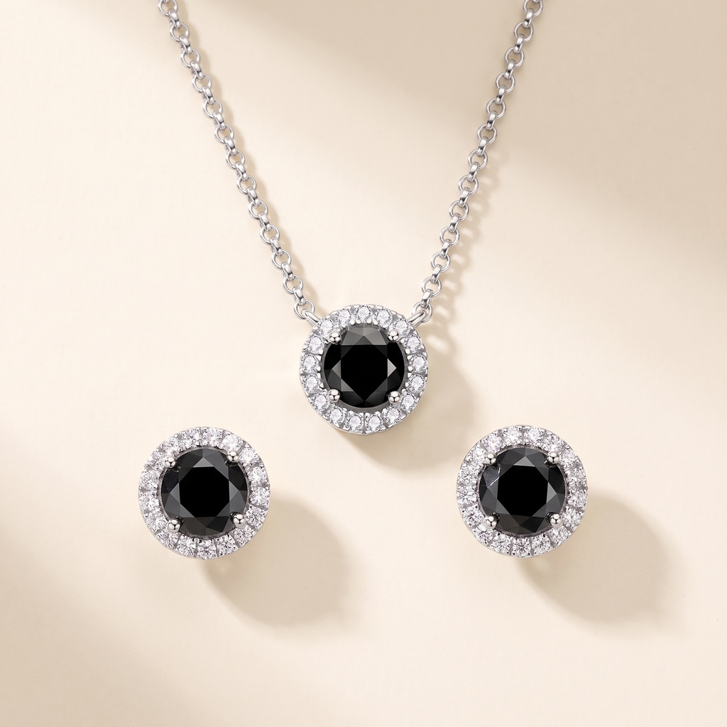 Minuit Black Moissanite Halo Necklace & Studs Set in White Gold