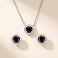 Minuit Black Moissanite Halo Necklace & Studs Set in White Gold