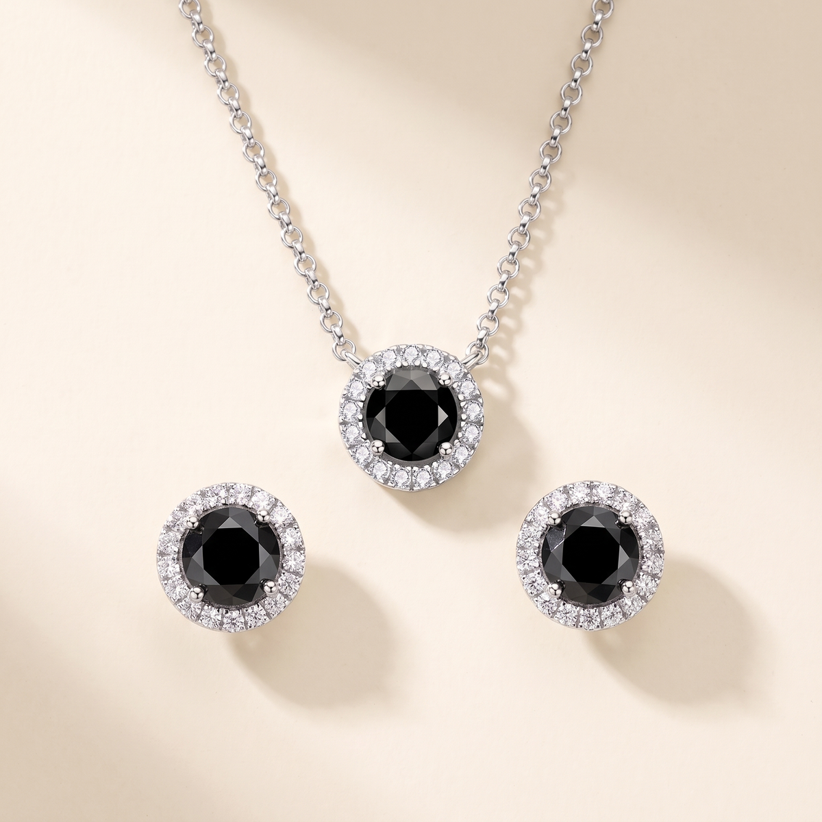 Minuit Black Moissanite Halo Necklace & Studs Set in White Gold