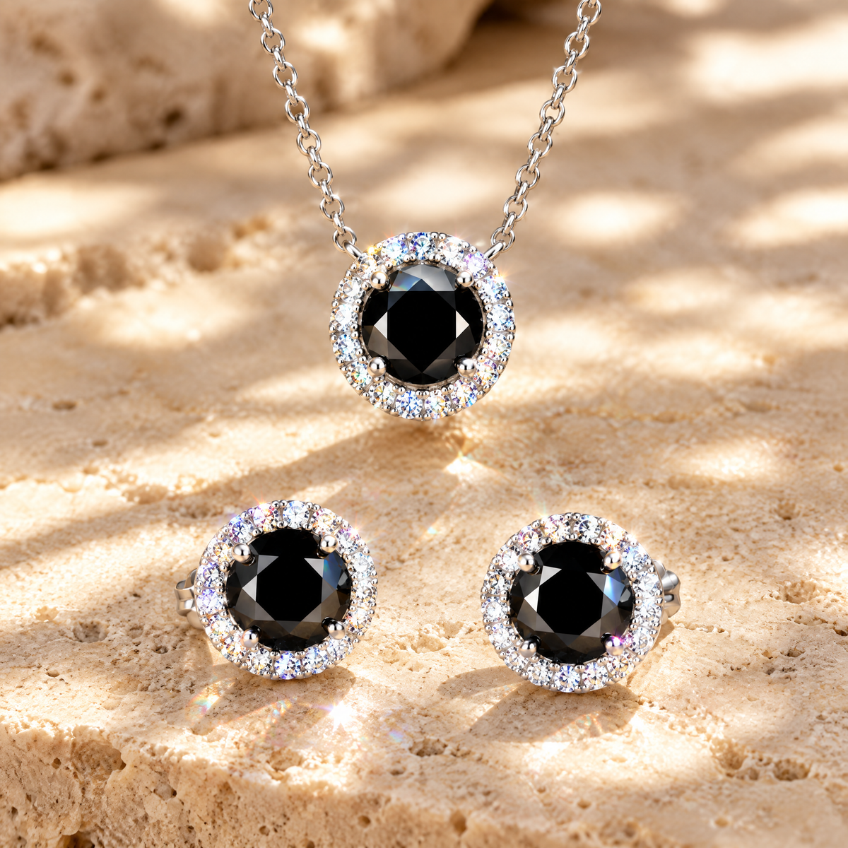 Minuit Black Moissanite Halo Necklace & Studs Set, close-up detail