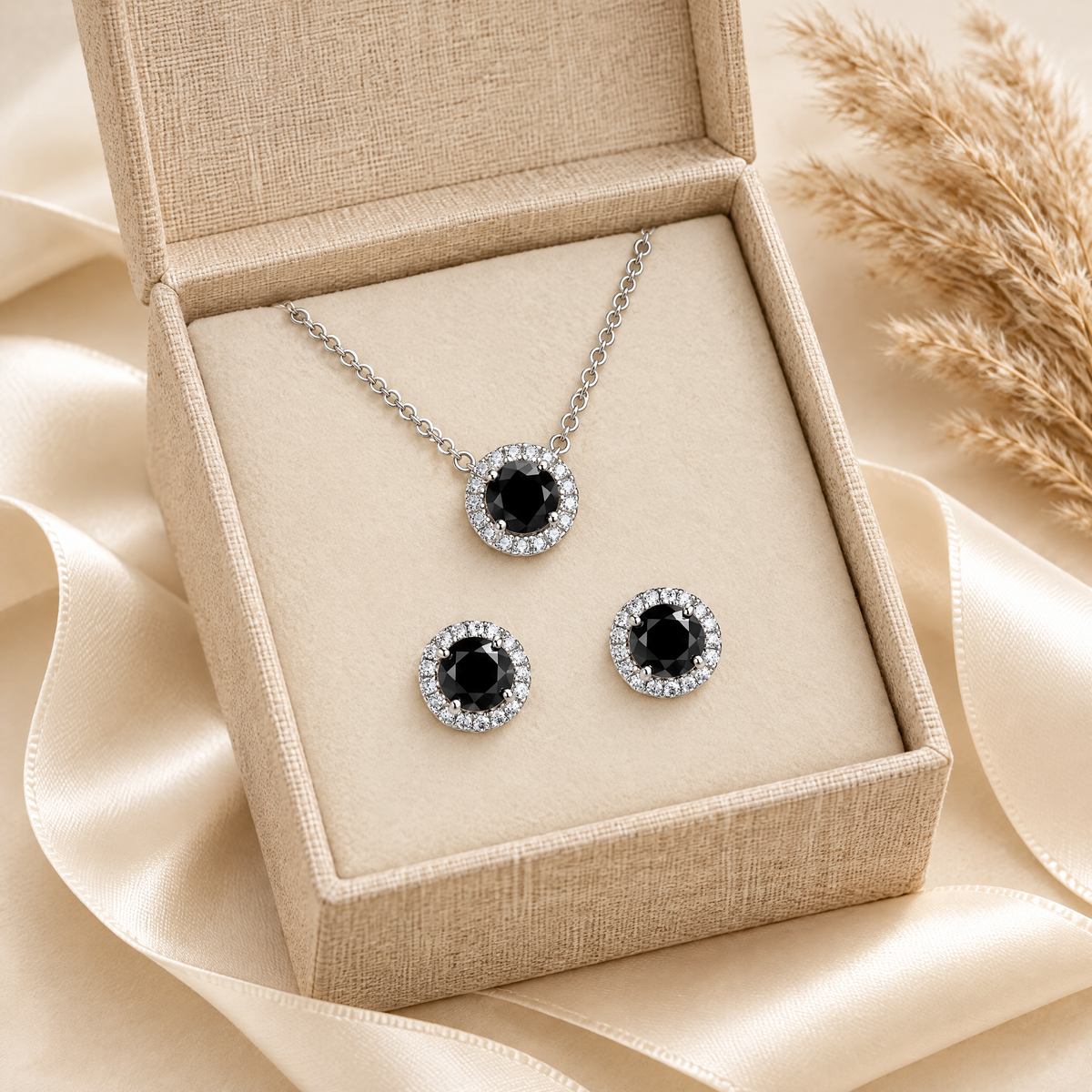 Minuit Black Moissanite Halo Necklace & Studs Set, presented in a box