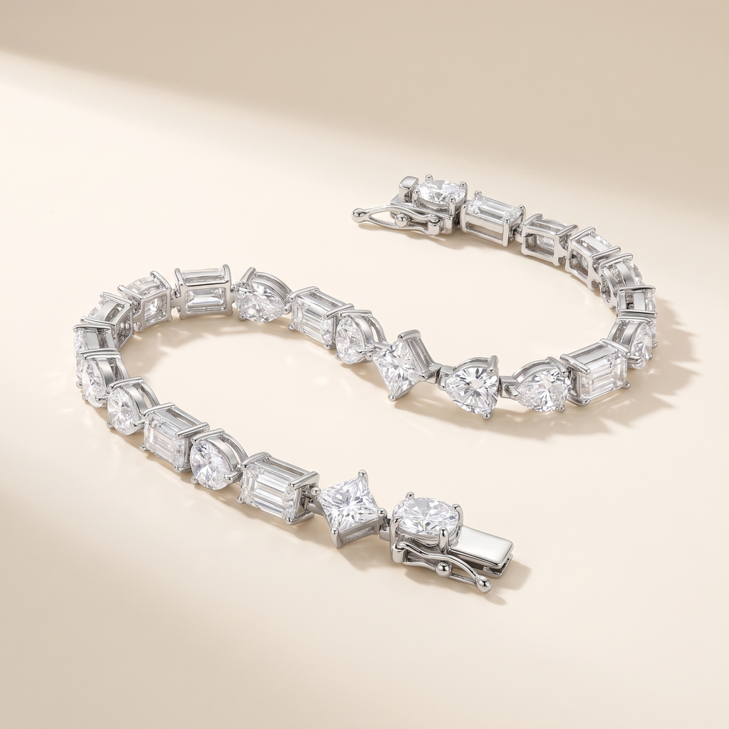 Mosaïque Mixed-Cut Moissanite Tennis Bracelet in White Gold