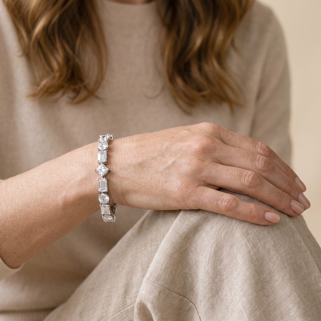 Mosaïque Mixed-Cut Moissanite Tennis Bracelet, worn by a woman