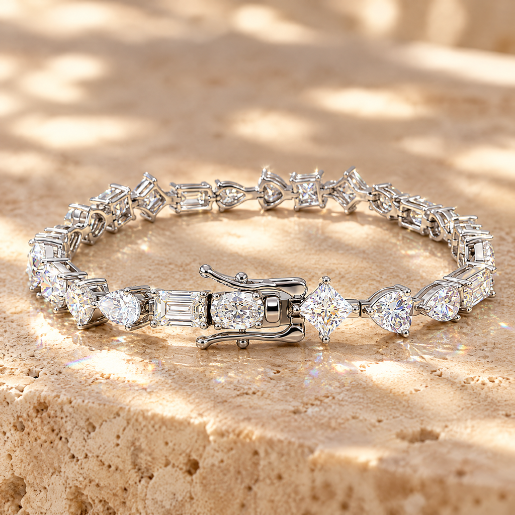 Mosaïque Mixed-Cut Moissanite Tennis Bracelet, close-up detail