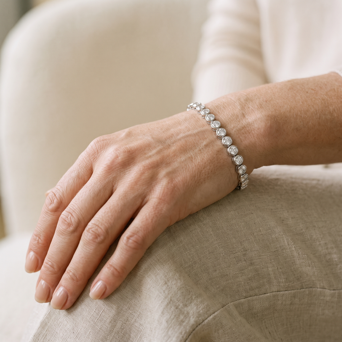 Nina Bezel Moissanite Tennis Bracelet, worn by a woman