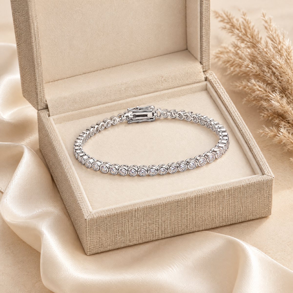 Nina Bezel Moissanite Tennis Bracelet, presented in a box