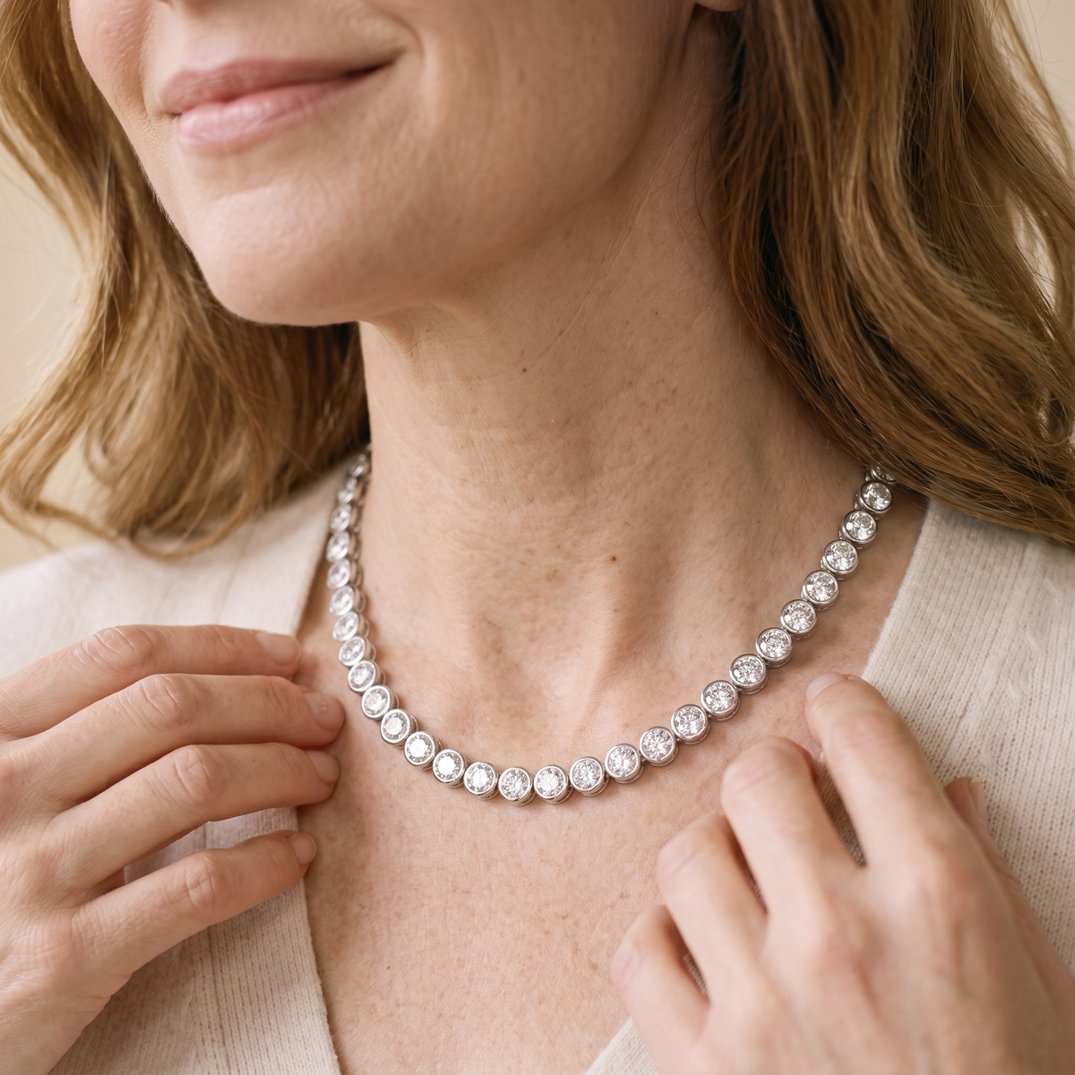 Nina Bezel Moissanite Tennis Necklace, worn by a woman