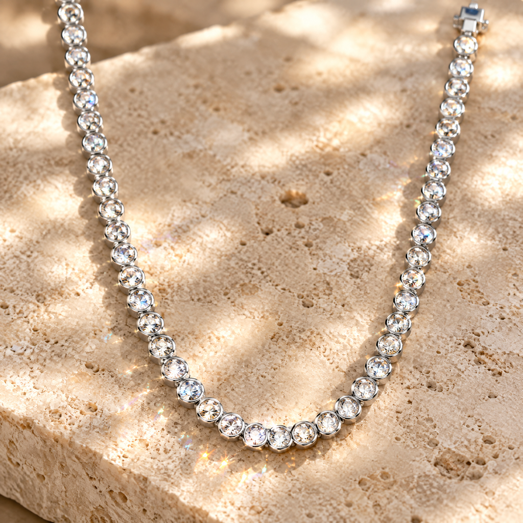 Nina Bezel Moissanite Tennis Necklace, close-up detail