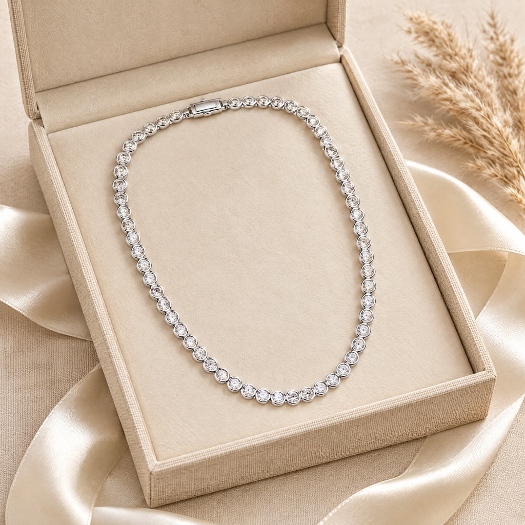 Nina Bezel Moissanite Tennis Necklace, presented in a box